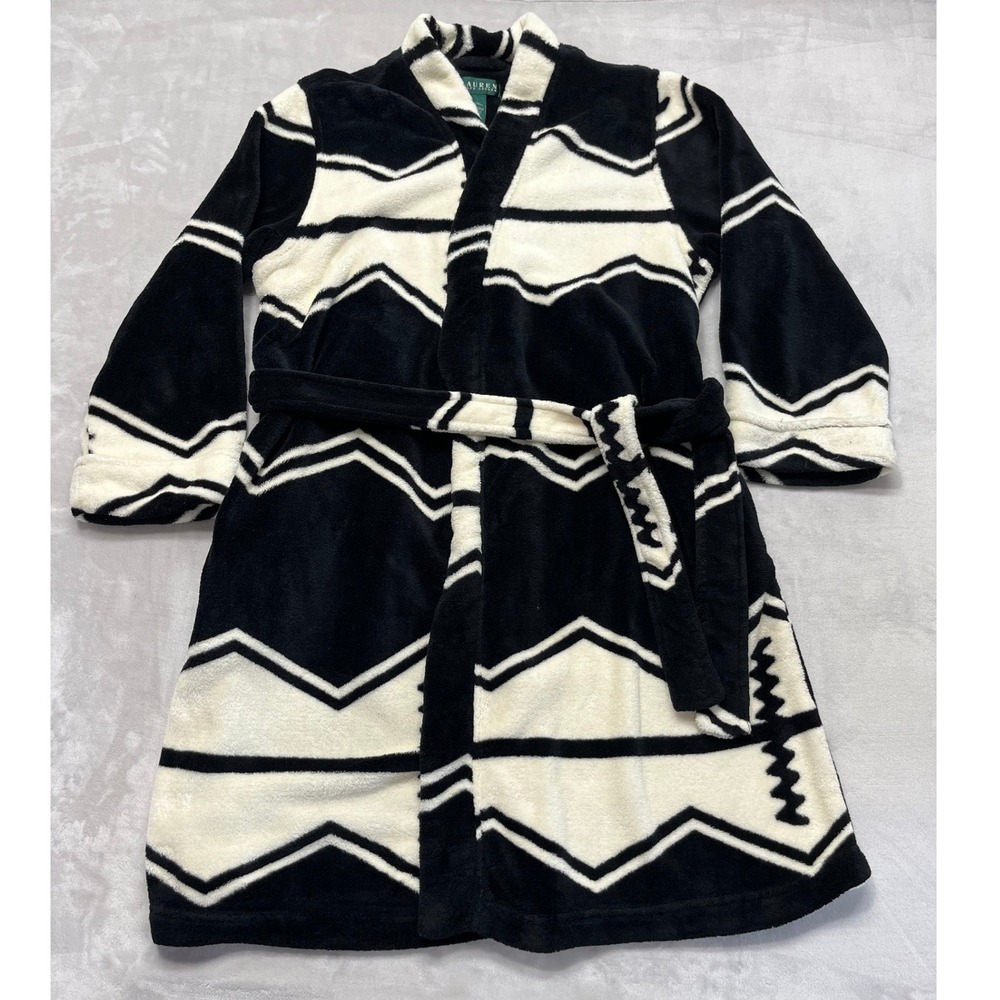 Lauren Ralph Lauren Robe Women XL Black Chevron Fleece Plush Belted Shawl Collar